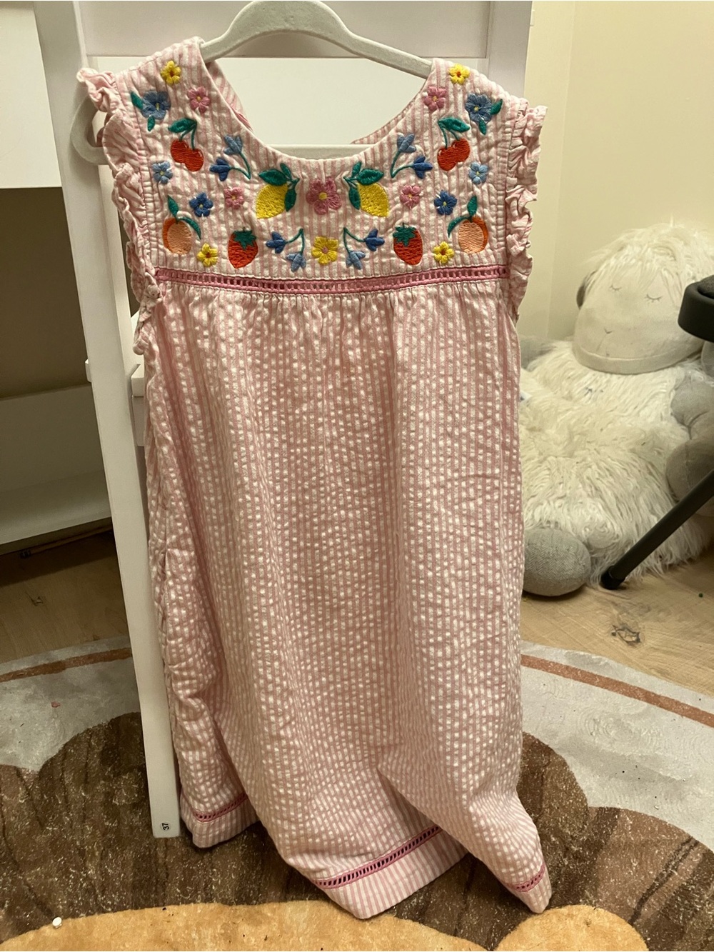 Mini Boden Pink Seersucker Dress with Colorful Fruit Embroidery